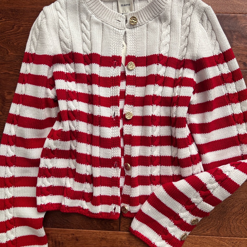 Maeve Red and White Striped Cardigan Sweater